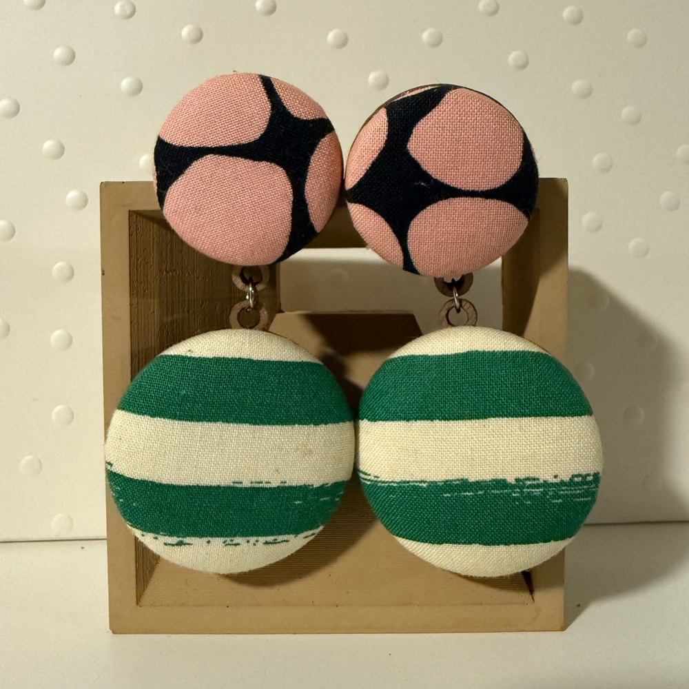 Pink and Green Striped Fabric Earrings